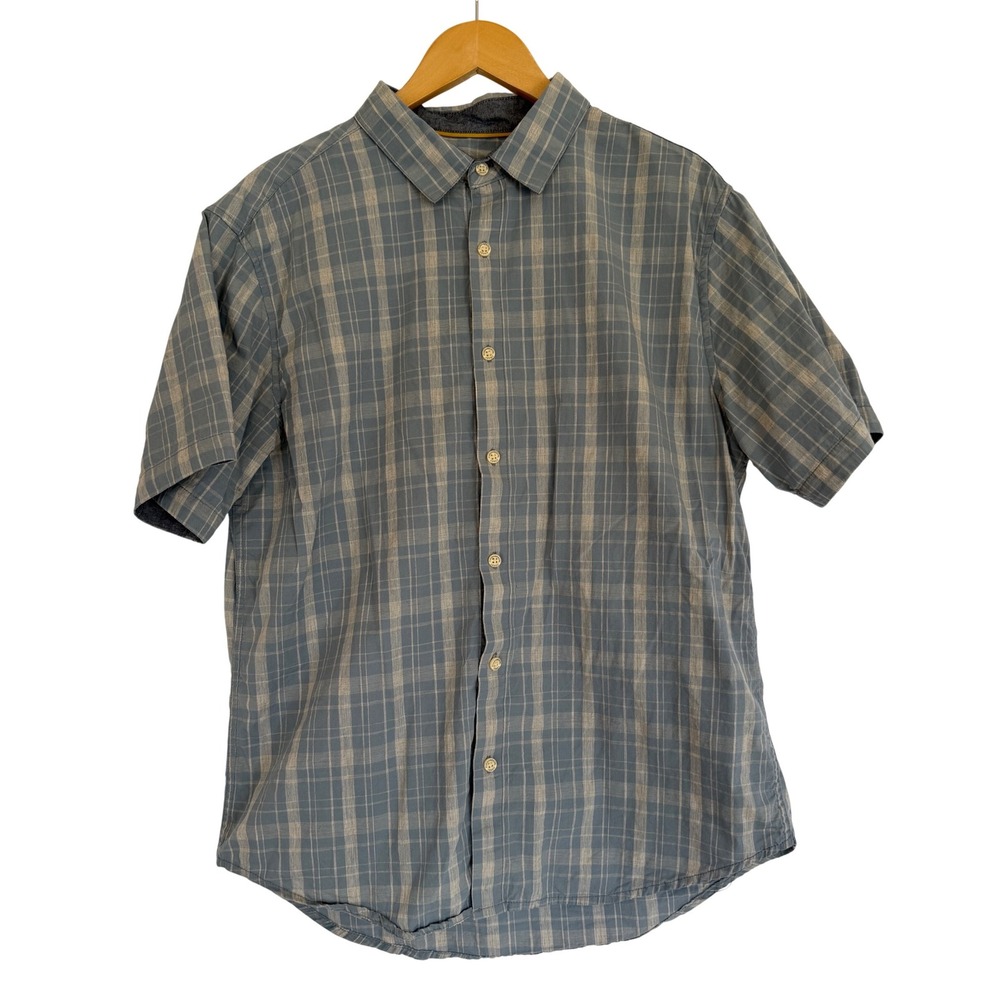 Fundamental Coast Mens Large Blue Plaid Short Sleeve Button Down Shirt Stretch